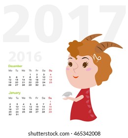 Graphic illustration of the calendar of December 2016 and January 2017 with colorful illustration of Capricorn zodiac sign.