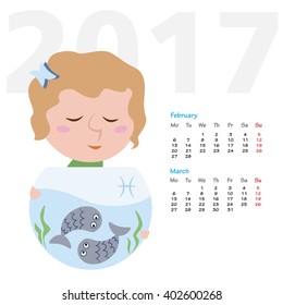 Graphic illustration of the calendar of February and March 2017 with colorful illustration of Pisces zodiac sign.