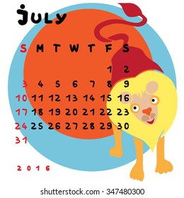 Graphic illustration of the calendar of JUly 2016 with original hand drawn text and colored clip art of Leo zodiac sign