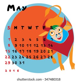 Graphic illustration of the calendar of May 2016 with original hand drawn text and colored clip art of Taurus zodiac sign