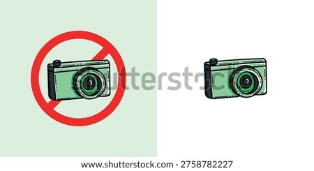 Graphic illustration of a camera with a red prohibition circle communicating no photography, camera ban, privacy and security rules for museums, events, private property, signage and policy enforcement.