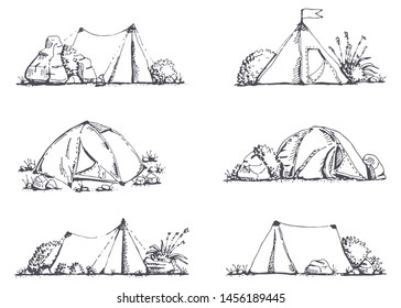 Graphic illustration of camping in hand-drawn style. Vector camping concept with tent and nature around. Vector.

