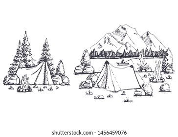 Graphic illustration of camping in hand-drawn style. Vector camping concept with tent and nature around. Vector.