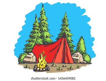 Graphic illustration of camping in hand-drawn style. Vector camping concept with tent and nature around. Vector.