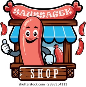 Graphic illustration in cartoon style. A funny sausage shop, where the main hero is a sausage.