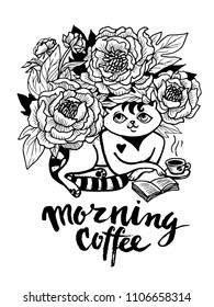 Graphic illustration "Cat under the flowers drinks coffee". Vector.