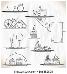 Graphic illustration with catering symbols on a paper. Eps10.