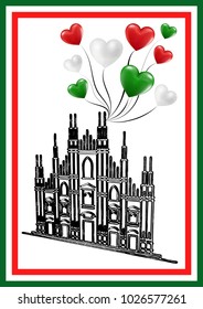 Graphic illustration with cathedral in Milan (Italy). Suitable for invitation, flyer, sticker, poster, banner, card, label, cover, web. Vector illustration.