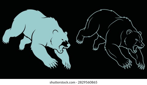 Graphic illustration of a charging aggressive bear roaring against a black