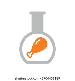 Una ilustración gráfica de un palillo de pollo dentro de un frasco de laboratorio, que simboliza la carne cultivada en el laboratorio, la agricultura celular y la ciencia alimentaria. Futuros alimentos.