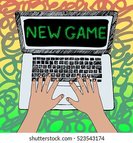 Graphic illustration of child playing computer games. Addiction of video games. Hands on laptop keyboard. Hand drawn ink vector sketch