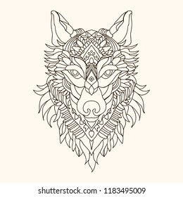 Graphic illustration of a chin wolf Preparing for a coloring page for adults. Linear drawing. Black and white logo