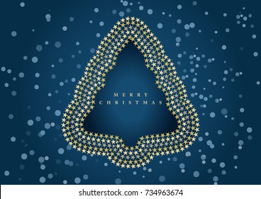 A graphic illustration of a Christmas tree in relief.
A dream invitation card with a fir tree surrounded by stars on a blue night background. English text,
