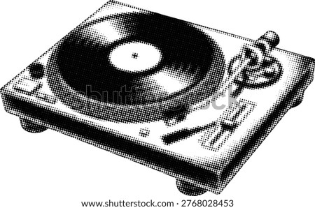 Graphic illustration of classic record player. Vintage halftone dot effect. Music technology. Retro stereo equipment.