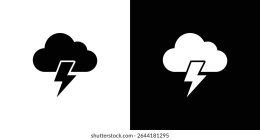 Graphic illustration of a cloud with a lightning bolt beneath it, presented in both black on white and white on black variations. Simple, clean, weather icon.