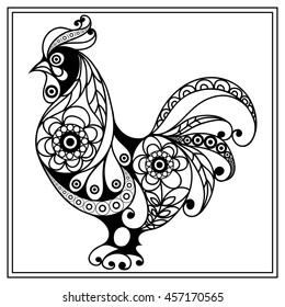 Graphic illustration of cock, symbol of 2017. Coloring book page. Suitable for invitation, flyer, sticker, poster, banner, card,label, cover, web. Vector element for New Year's design. 