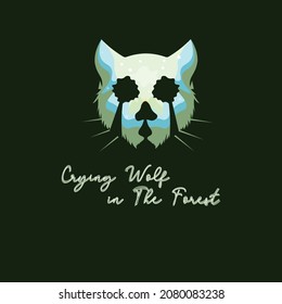 A graphic illustration with the concept of a wolf's head on a forest background that seems to be sad in the middle of a dense forest, can be used for logos with the theme of adventure