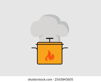 graphic illustration of a cooking pot with a flame underneath and a chef's hat above