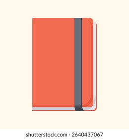 Graphic illustration of a coral-colored notebook with a dark gray bookmark. The notebook is depicted in a simple, flat design style, with no visible text or other details