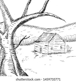 Graphic illustration of country view. Old tree and an old house