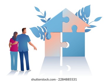 Graphic illustration of a couple looking at house made from puzzle, concept for new family, investment, family planning, beginning of new life