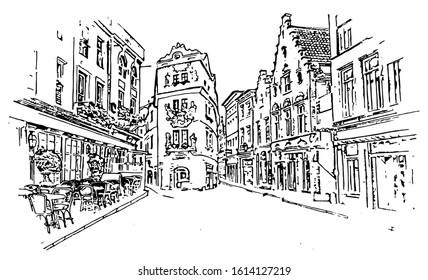  graphic illustration of the courtyard, black and white drawing, old town street, the road between the houses .vector image