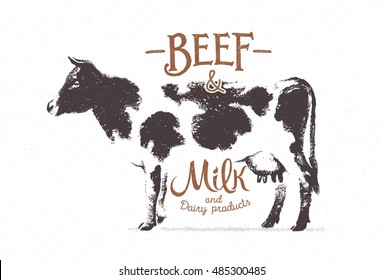 Graphic illustration of the cow with inscriptions, hand-drawn, vector illustration.