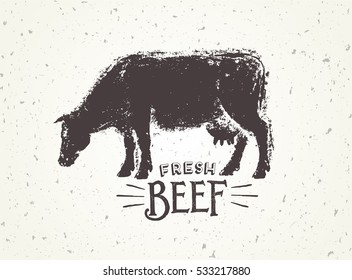 Graphic illustration of the cow with inscriptions, hand-drawn, vector illustration.