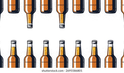 Graphic illustration creating a seamless pattern of beer bottles, both upright and inverted, set against a textured white background.