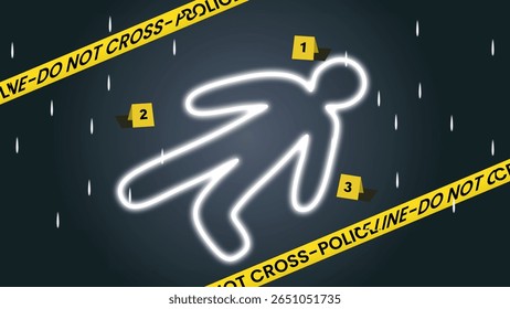 Ilustração gráfica de uma cena de crime com uma silhueta de giz, fita de linha policial e números de marcadores de evidência, simbolizando investigação, análise forense e mistério em cenários de crime.
