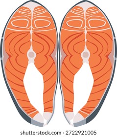 Ilustración gráfica de una sección transversal de dos filetes de salmón con anatomía detallada sobre un fondo blanco.