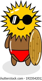 graphic illustration of cute sun character design holding sun surfboard character