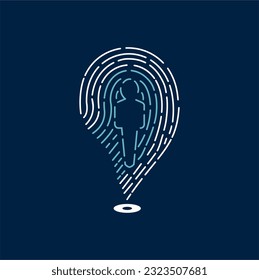 Graphic illustration of cybersecurity or biometric fingerprint path, combined with human maze.