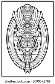 Graphic illustration of the dark ruler of Egypt in a frame without a background, ancient demon in close-up with a large crown and a snake, terrible symmetrical skull of a pharaoh with cracks.