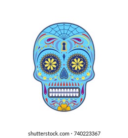 Graphic illustration of decorative colorful sugar skull. Day of the dead skull.