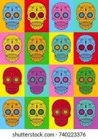 Graphic illustration of decorative Pop art sugar skulls. Day of the dead skulls.