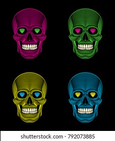 Graphic illustration of decorative Pop art skulls.