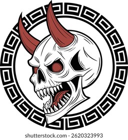 A graphic illustration of a demon's head in a circular design