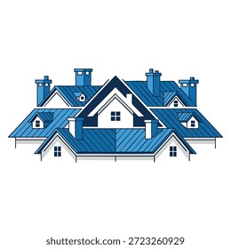 Ilustração gráfica que representa um conjunto de telhados de casas interconectados em tons de azul e branco, com chaminés e janelas visíveis.