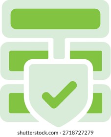 Uma ilustração gráfica que descreve a segurança e a proteção de dados, apresentando uma pilha de blocos verdes semelhantes a servidores com um escudo proeminente e um símbolo de marca de seleção.