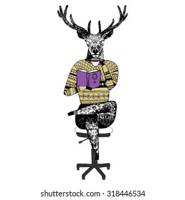 Graphic Illustration depicting a deer sitting and reading a book. Deer drinking coffee. Knitted dressed in sweater. Deer sitting on an office chair. Graphics, Hand-made, high quality.