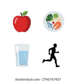 A graphic illustration depicting elements of a healthy lifestyle including an apple, a balanced meal, a glass of water, and a person running.