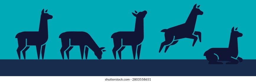 A graphic illustration depicting five dark blue llamas in silhouette against a teal background. The llamas are shown in various poses: standing, grazing, jumping, and resting.