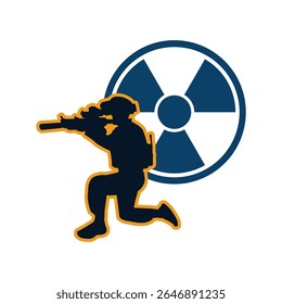 Ilustração gráfica mostrando um soldado em ação posar ao lado de um ícone de risco de radiação, simbolizando segurança, defesa e atividades militares relacionadas a ameaças nucleares.