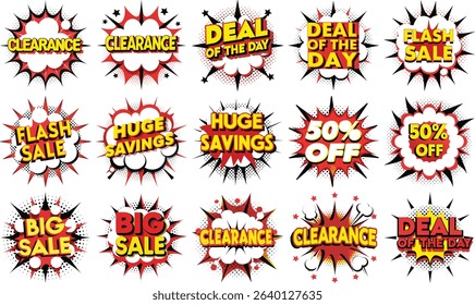 Graphic illustration depicting various sales promotions like clearance, flash sales, and deals of the day, designed in comic book-style explosions, with bold text.