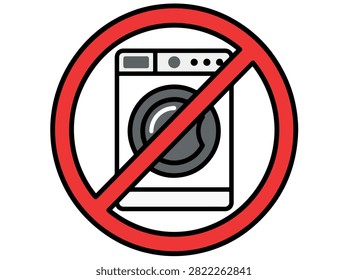 A graphic illustration depicting a washing machine inside a red prohibition circle, indicating 