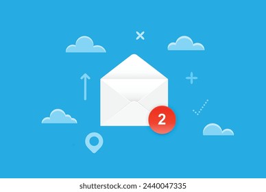 A graphic illustration depicts a white envelope with red notification button among clouds in the blue sky. Vector Illustration.	
