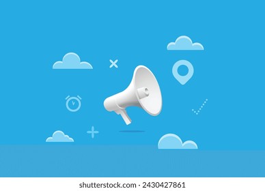 A graphic illustration depicts a white megaphone announcing big news. Vector Illustration.	
