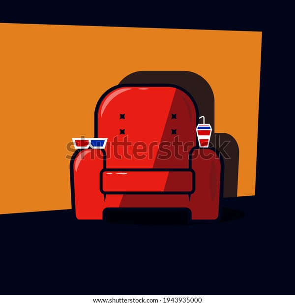 \
graphic illustration of the design of a\
cinema chair in red and there are special glasses. suitable for use\
as a business about cinema or films and can also be used for\
virtual backgrounds