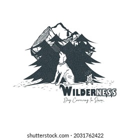 Graphic illustration design with the concept of a dog going into the wilderness that is being covered with snow can be used as a logo or character for an adventure outfit.
